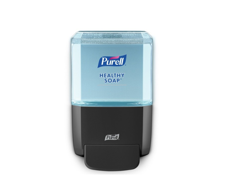 A wall-mounted soap dispenser with a transparent container filled with light blue liquid soap and a black base. PURELL® ES4 Graphite Soap Dispenser (1200 ml., 1 Dispenser/Case)
